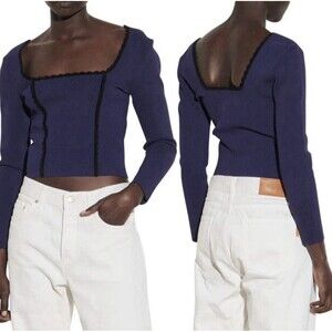 Sandro paris Crop Square Neck Sweater NAVY BLUE, Size 6 fits like 8 US